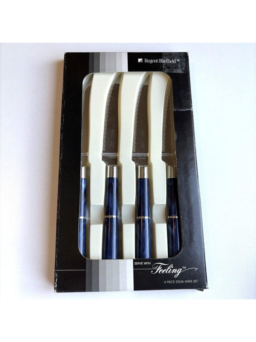 VTG Regent Sheffield England Steak Knives Knife Blue Acrylic Handle Set of 4 NEW